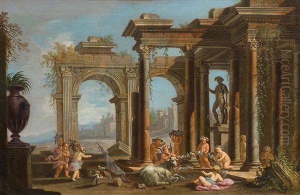 A Roman Architectural Landscape With Putti Oil Painting by Alberto Carlieri