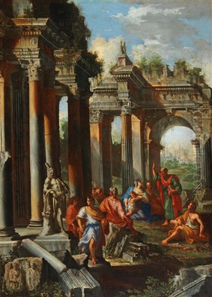 Capriccio Of Ruins With The Sermon Of Saint Paul; And Capriccio Of Ruins With The Beheading Of Saint Paul Oil Painting by Alberto Carlieri