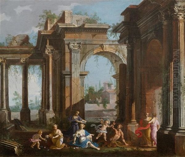 An Architectural Capriccio With Nymphs, A Satyr And Winged Putto by Alberto Carlieri