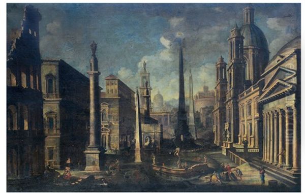 Capriccio Architettonico Con Monumenti Romani E Figure Oil Painting by Alberto Carlieri