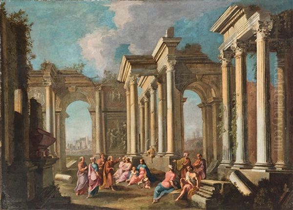 Capriccio Mit Klassischen Ruinen Und Einem Predigenden Apostel; Capriccio Mit Klassischen Ruinen Und Dem Taufenden Heiligen Petrus (pair) Oil Painting by Alberto Carlieri