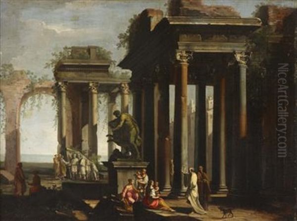 A Capriccio Of Classical Ruins With Figure Before A Statue Of Hercules Oil Painting by Alberto Carlieri