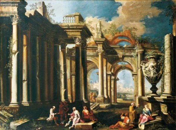 Caprices Architecturaux: Apotres Prechant Dans Des Ruines Romaines Au Pied D'un Grand Vase Aux Trois Graces (+ Un Groupe De Bergers Se Reunissant Autour De La Statue De Silene Oil Painting by Alberto Carlieri