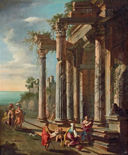 Ruinencapriccio An Einer Kuste Mit Figurenstaffage - Capriccio Architettonico Con Figure Oil Painting by Alberto Carlieri