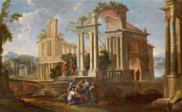 Capriccio Architettonico Con Cristo Che Sana Un Cieco Oil Painting by Alberto Carlieri