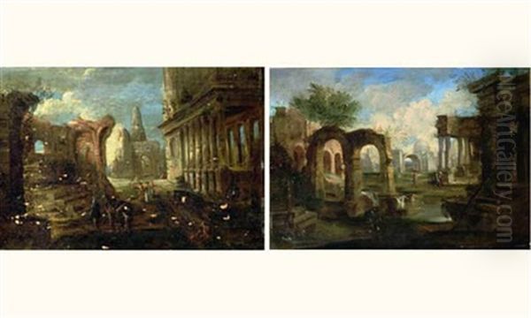 Architecture Antique Animee De Personnages (pair) Oil Painting by Alberto Carlieri