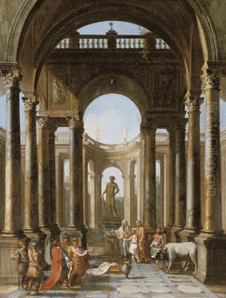 An Architectural Capriccio With Figures Making A Sacrifice Oil Painting by Alberto Carlieri