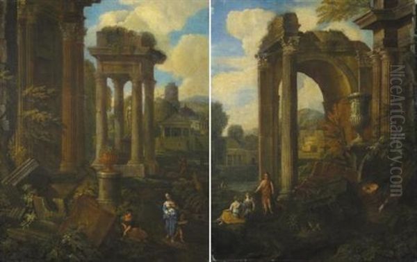 Capricci Con Rovine E Figure (pair) Oil Painting by Alberto Carlieri