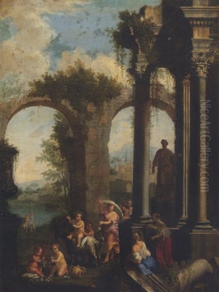 Paesaggio Con Rovine, Figure Classiche, E Putti Che Fan Bere Un Satiro Oil Painting by Alberto Carlieri