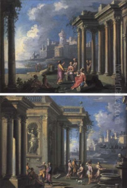 An Architectural Capriccio With Classical Figures By A Well, A Town Beyond Oil Painting by Alberto Carlieri