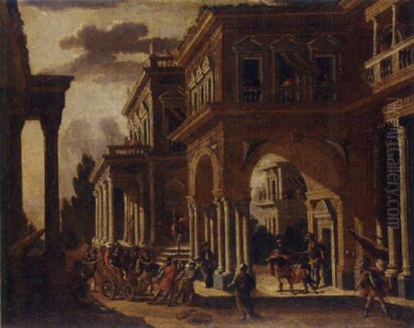 An Imaginary Palace With A Queen In A Chariot Being Presented To A King Oil Painting by Alberto Carlieri