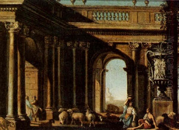 A Classical Building With Shepherds And Their Flock Of Sheep Oil Painting by Alberto Carlieri