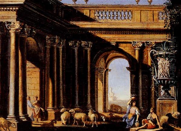 A Classical Building With Shepherds And Their Flock Oil Painting by Alberto Carlieri