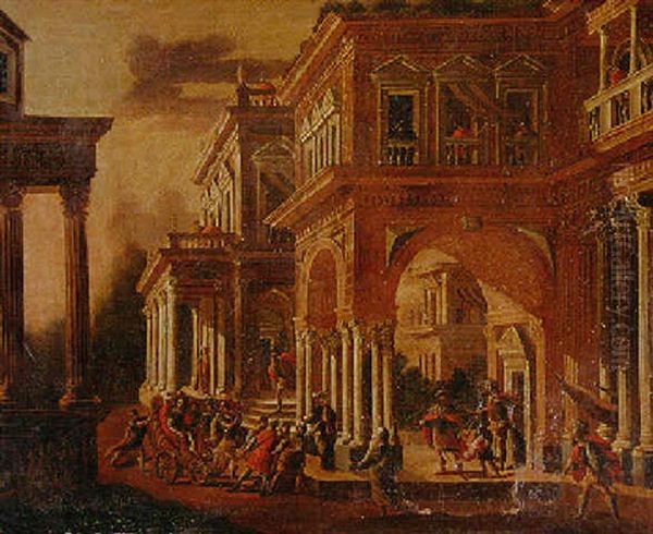 An Imaginary Palace With A Queen In A Chariot Being Presented To A King Oil Painting by Alberto Carlieri