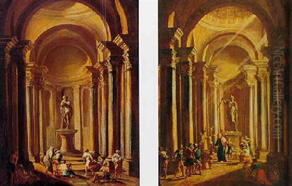 Architectual Capriccio With Worshippers Before Statue Of Mars Oil Painting by Alberto Carlieri