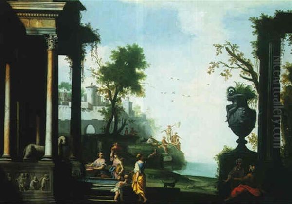 A Landscape With Figures Grouped Around A Fountain Beside Classical Ruins, And Fishermen Beyond by Alberto Carlieri