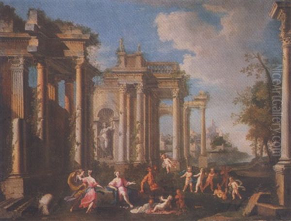 Capriccio Landscape With Bacchic Figures Dancing Before Classical Ruins Oil Painting by Alberto Carlieri