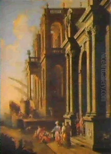 A Mediterranean Harbor With A Classical Palazzo And Figures Oil Painting by Alberto Carlieri