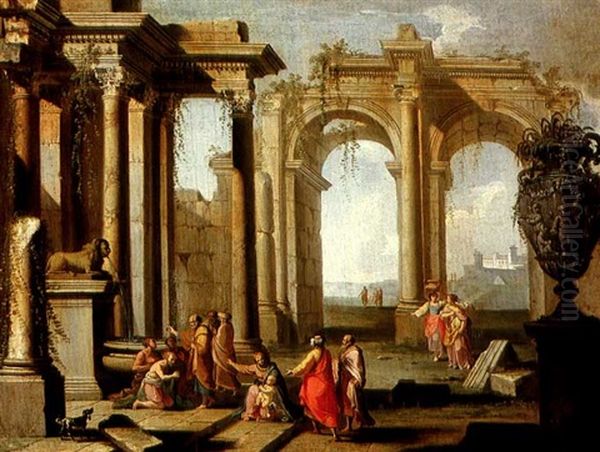 Landscape With Classical Ruins And Saint Peter Baptising Oil Painting by Alberto Carlieri