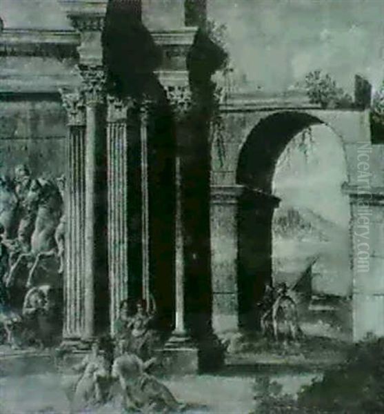 Figures Beside Classical Ruins Oil Painting by Alberto Carlieri