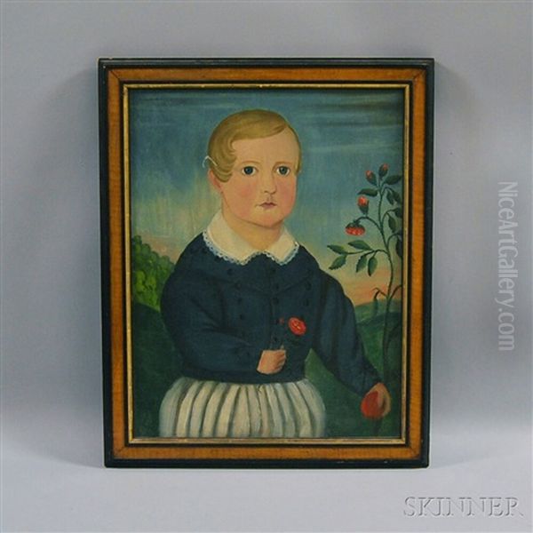 Boy In A Landscape Holding A Rose And An Apple Oil Painting by Andrew B. Carlin