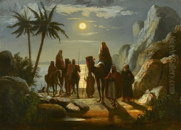 Arab Figures Gathered By The Water Oil Painting by John Carlin