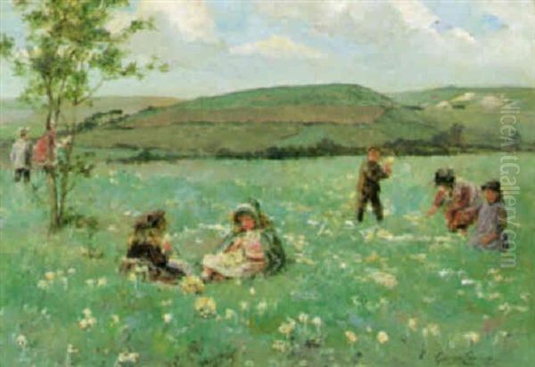 Gathering Wild Flowers Oil Painting by George Carline