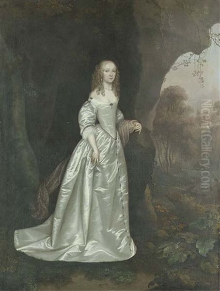 Portrait Of A Lady, Lady Anne Wentworth (?), Full-length, In A White Dress And A Purple Mantle, Before A Bank In A Wooded River Landscape Oil Painting by Joan Carlisle