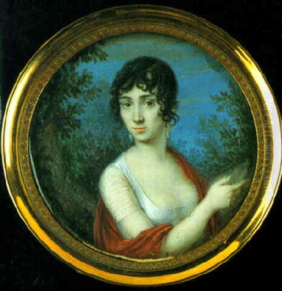 A Lady Wearing Decollete White Dress With Gauze Sleeves, Red Stole And Drop Earings Oil Painting by Carlo Innocenzo Carlone