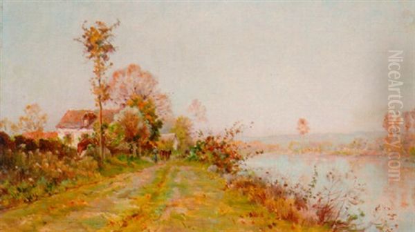 A Riverside House Oil Painting by Mario Cornilleau Raoul Carl-Rosa