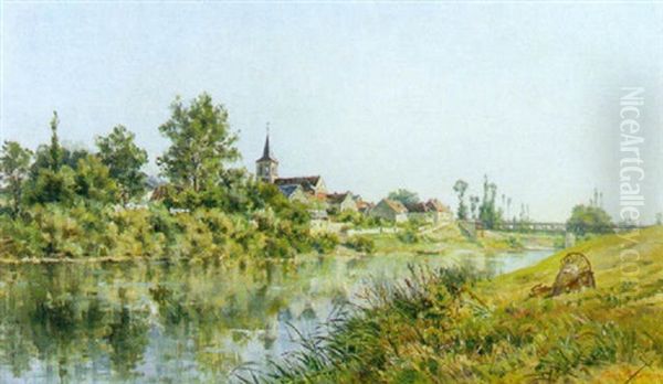 A French River Landscape Oil Painting by Mario Cornilleau Raoul Carl-Rosa