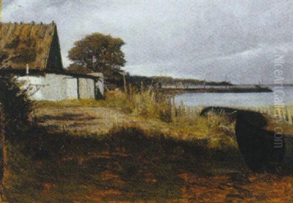 Kystparti Fra Hellenbaek, Med Hus Og Band Pa Stranden Oil Painting by C. Schichtling Carlsen