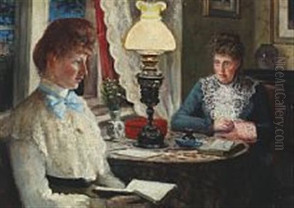 Interior With Two Women Sitting At A Table Oil Painting by Carl Carlsen