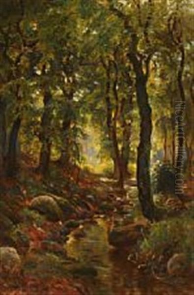 Forest Scene With A Stream Oil Painting by Carl Carlsen