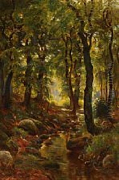 Forest Scene With A Stream Oil Painting by Carl Carlsen