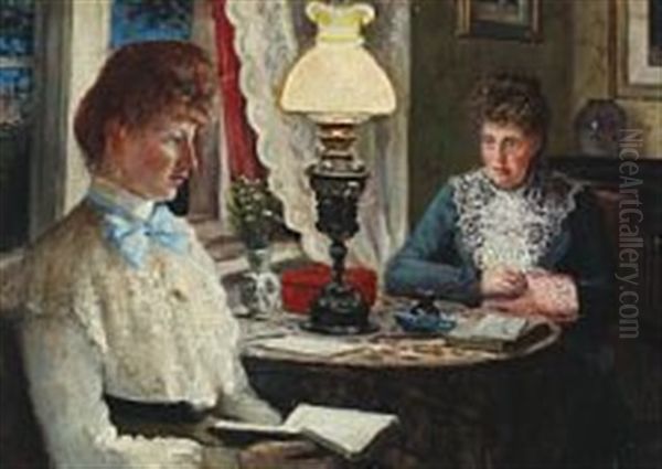 Interior With Two Women Sitting At A Table Oil Painting by Carl Carlsen