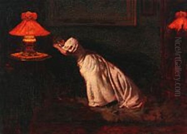 Interior With Distraught Woman Oil Painting by Carl Carlsen