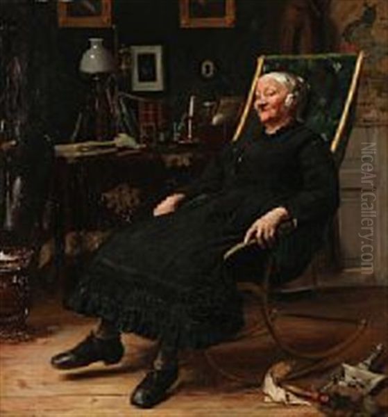 Interior With An Elderly Lady In A Rocking Chair Oil Painting by Carl Carlsen