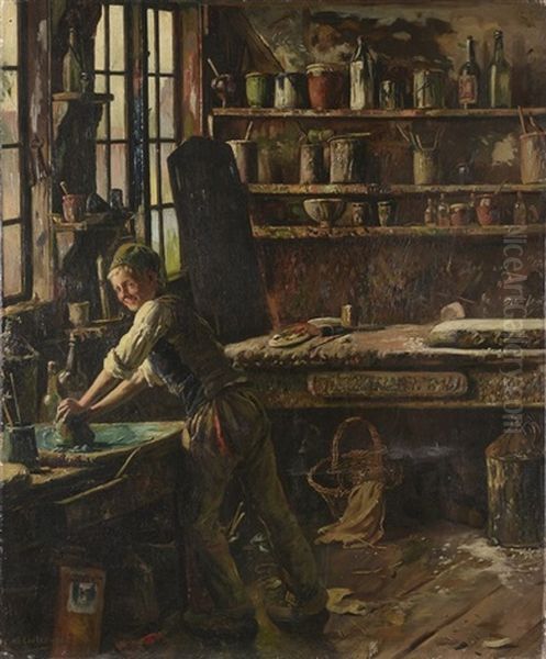 Jeune Homme Dans Un Atelier D'artiste Oil Painting by Carl Carlsen