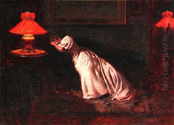 Interior With A Girl In A Pink Dress Oil Painting by Carl Carlsen