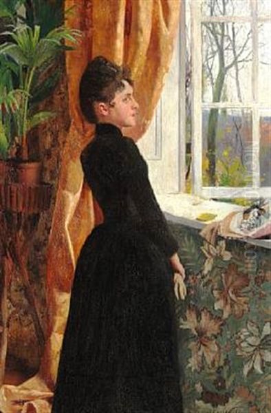 Young Woman Standing At The Window Oil Painting by Carl Carlsen