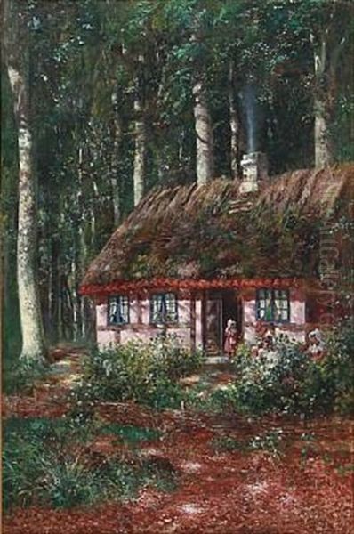 Forest Scene With Two Girls At A Thatched House Oil Painting by Carl Carlsen