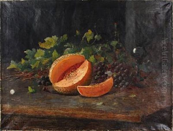 Still-life With Melon, Grapes And Wine Glass Oil Painting by Carl Carlsen