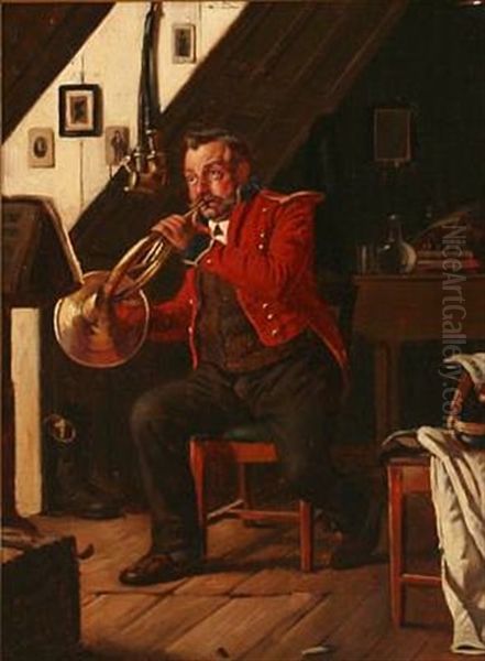 A Man Practicing His French Horn Oil Painting by Carl Carlsen