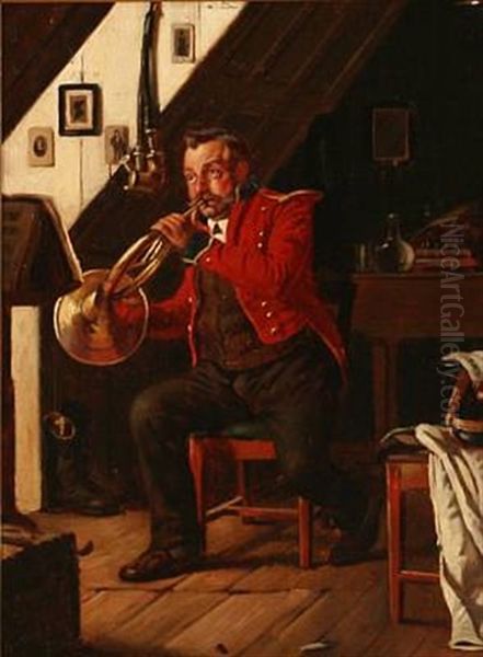 A Man Is Practicing On His Bugle Oil Painting by Carl Carlsen