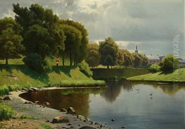 Danish Summer Landscape With Walking Woman Along Moat Oil Painting by Carl Carlsen