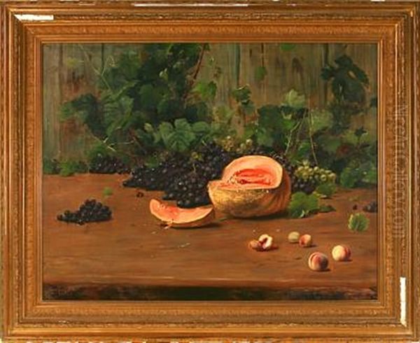 Still Life With Melon, Peaches, Blue And Green Grapes by Carl Carlsen