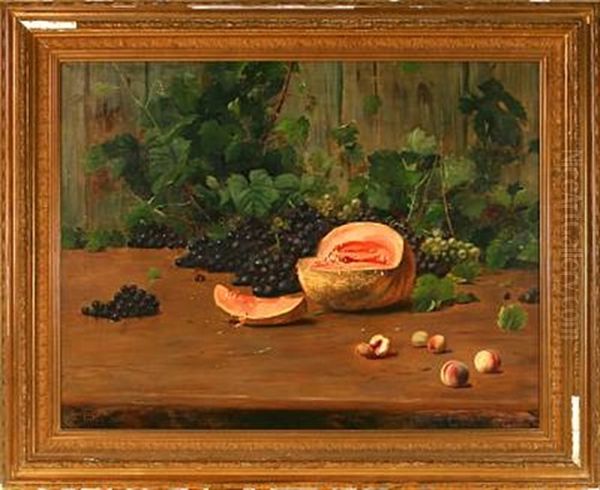 Still Life With Melon, Peaches, Blue And Green Grapes Oil Painting by Carl Carlsen