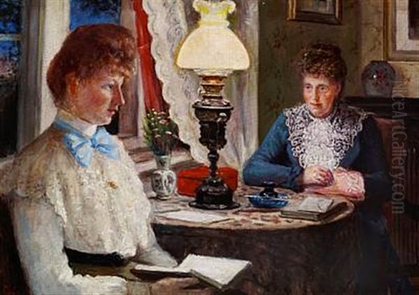 Interior With Two Women Sitting At A Table Oil Painting by Carl Carlsen