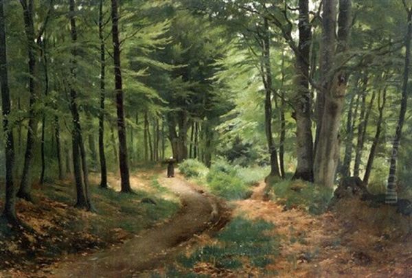 Reisigsammlerin Auf Sommerlichem Waldweg Oil Painting by Carl Carlsen